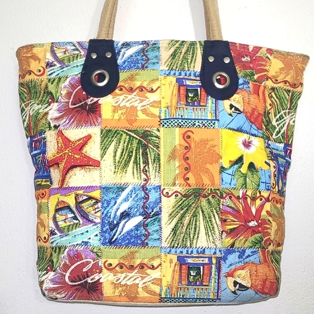 Tote Patchwork Beach Theme Print "Going Coastal" Resortware Zippered Parrot Palm
